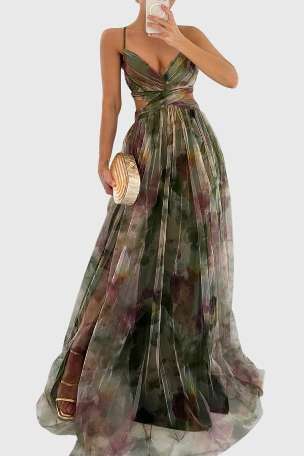 Lange maxi jurk met romantische bloemenprint, hoge taille en gekruiste bandjes
