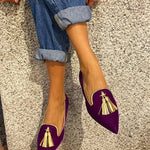 Boho dames instappers met franjes in warme kleuren, handgemaakt en comfortabel