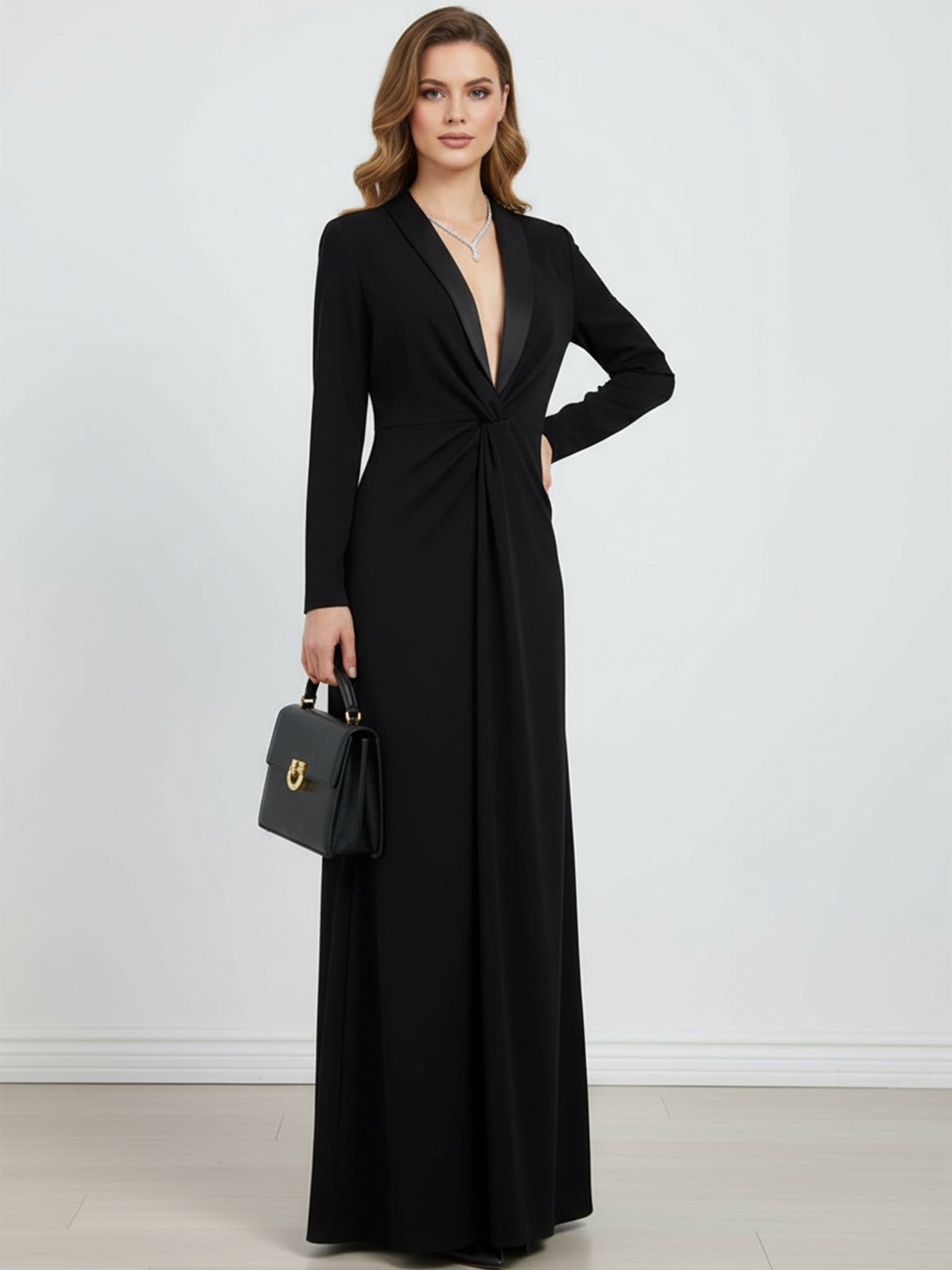 Kara dames maxi-jurk met diepe v-hals en lange mouwen