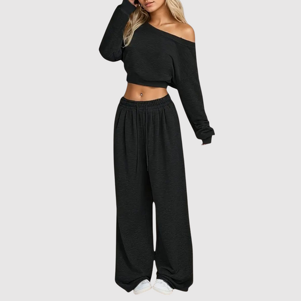 Fleur dames off-shoulder top- en broekset met wijde pijpen