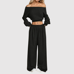 Fleur dames off-shoulder top- en broekset met wijde pijpen