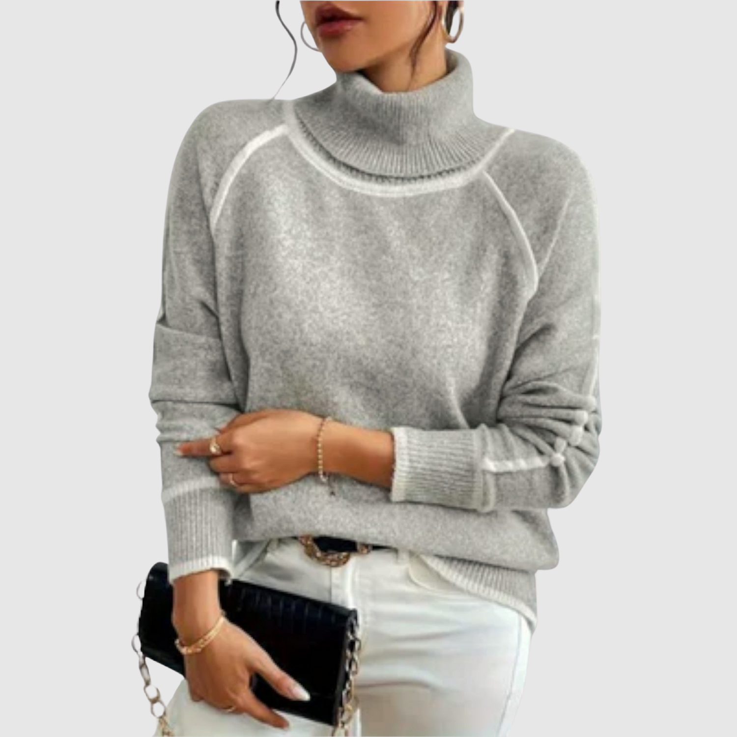 Minimalistische gebreide dames trui met fijne contrastdetails aan hals en boorden