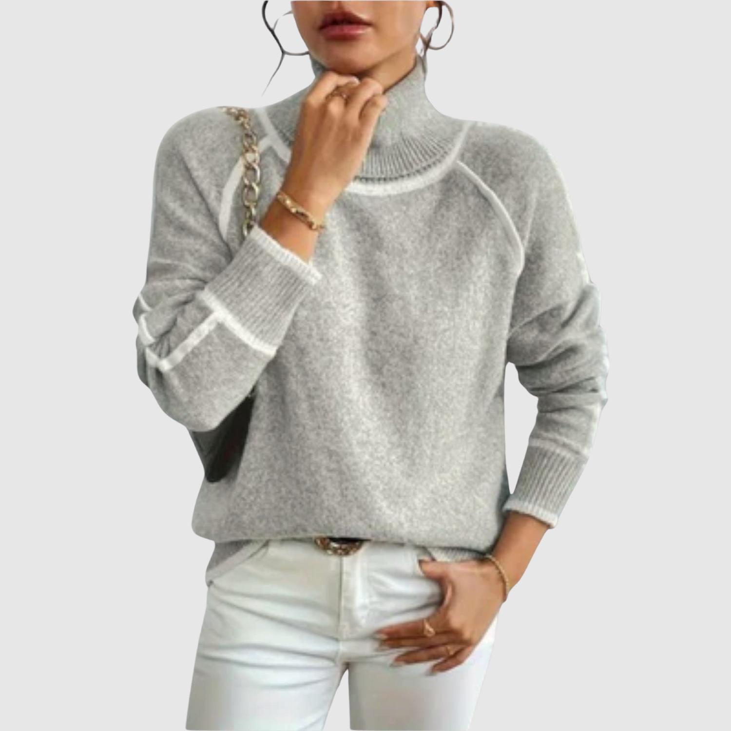 Minimalistische gebreide dames trui met fijne contrastdetails aan hals en boorden
