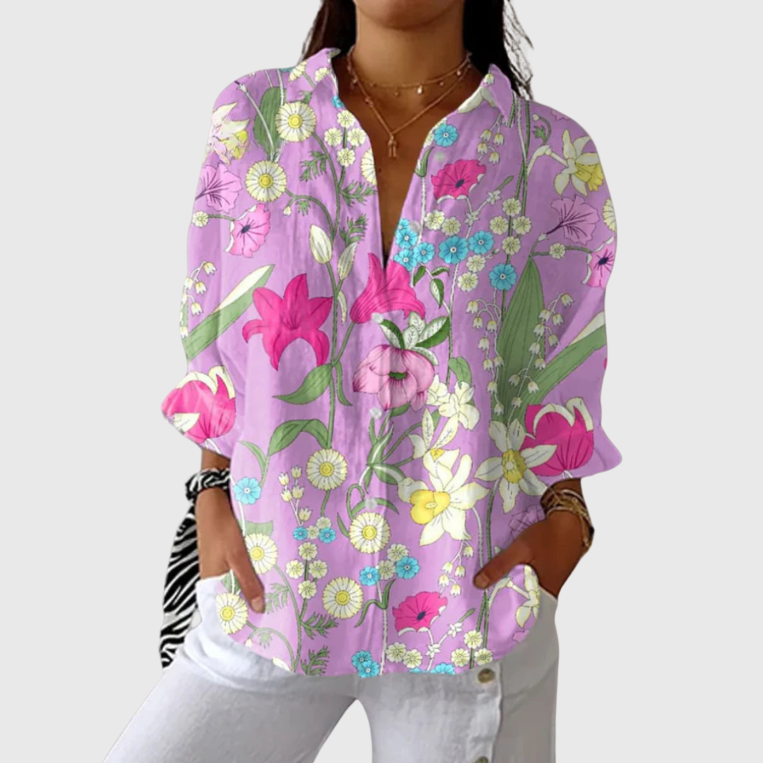 Feminiene damesblouse met kleurrijke bloemenprint, ruime snit en nette knoopsluiting