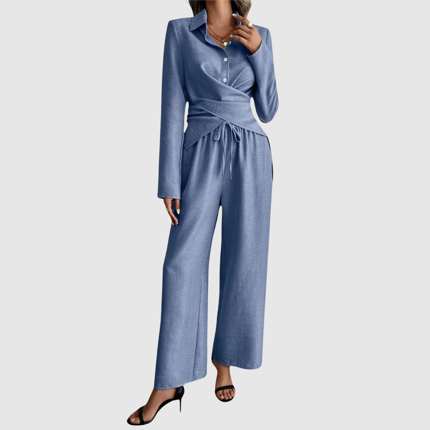 Carlijn dames blouse- en broekset met strikdetail