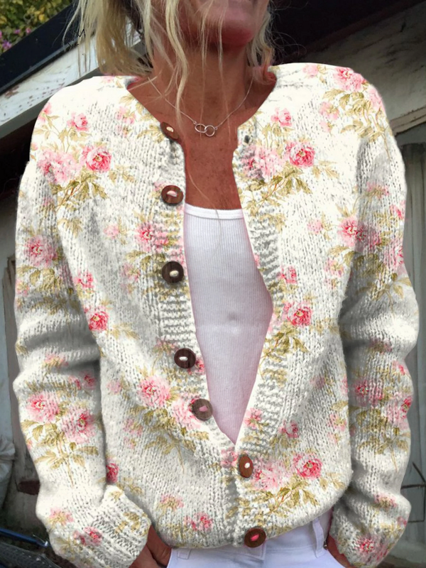 Pauline dames roze grofgebreid vest met bloemenprint