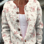 Ingrid dames roze gebreid vest met rozenprint