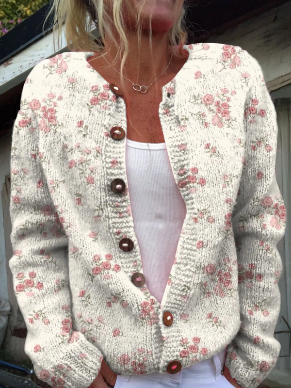 Ingrid dames roze gebreid vest met rozenprint