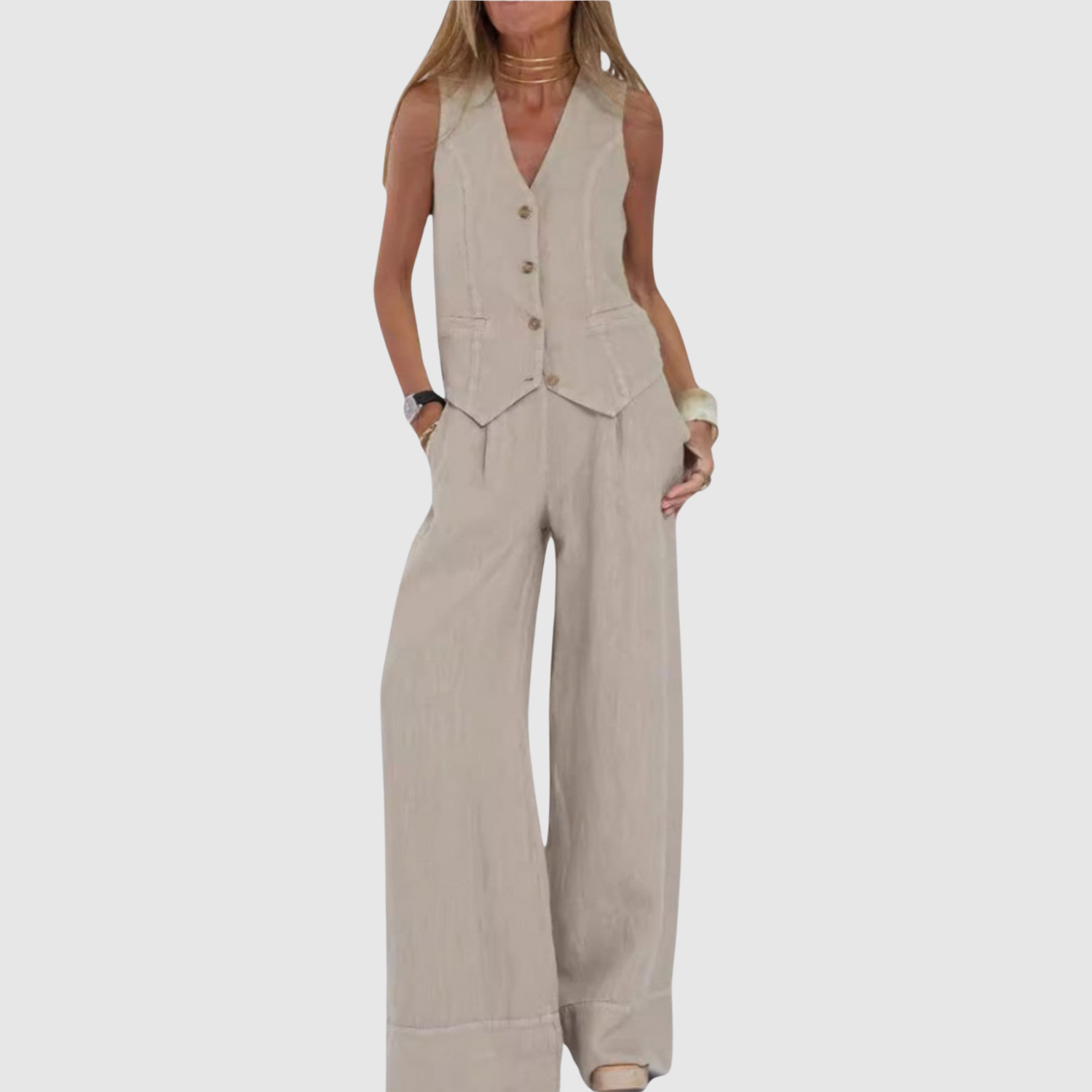 Bente dames mouwloze gilet- en broekset