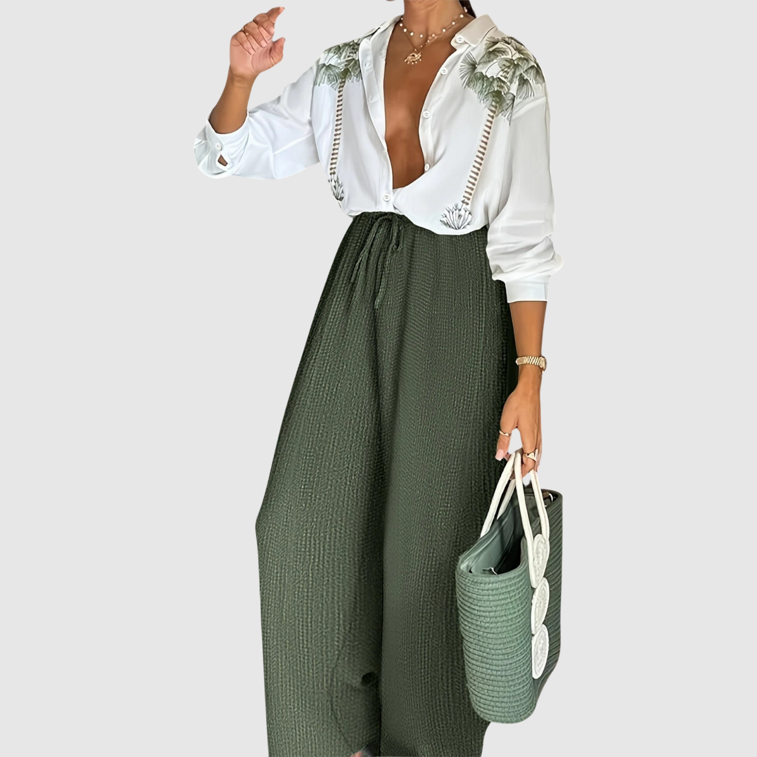 Hester dames bedrukte blouse- en broekset met wijde pijpen