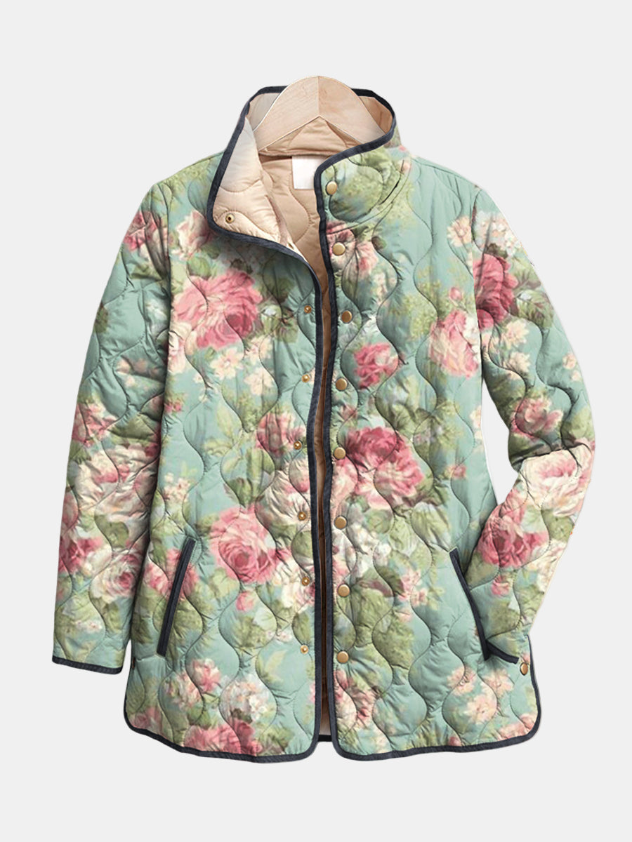 Renske dames saliegroen gewatteerd jasje met bloemenprint