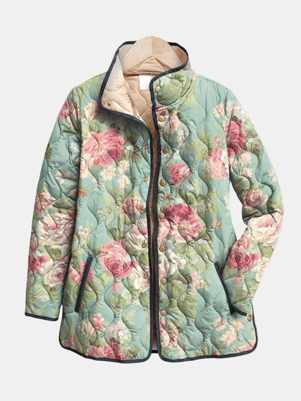 Renske dames saliegroen gewatteerd jasje met bloemenprint