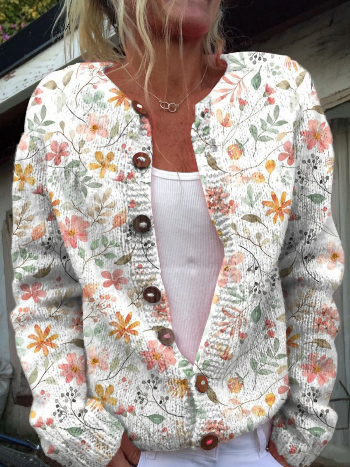 Karin dames gebreid vest met aquarel bloemenprint