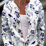 Anja dames gebreid vest met vogel- en bloemenprint