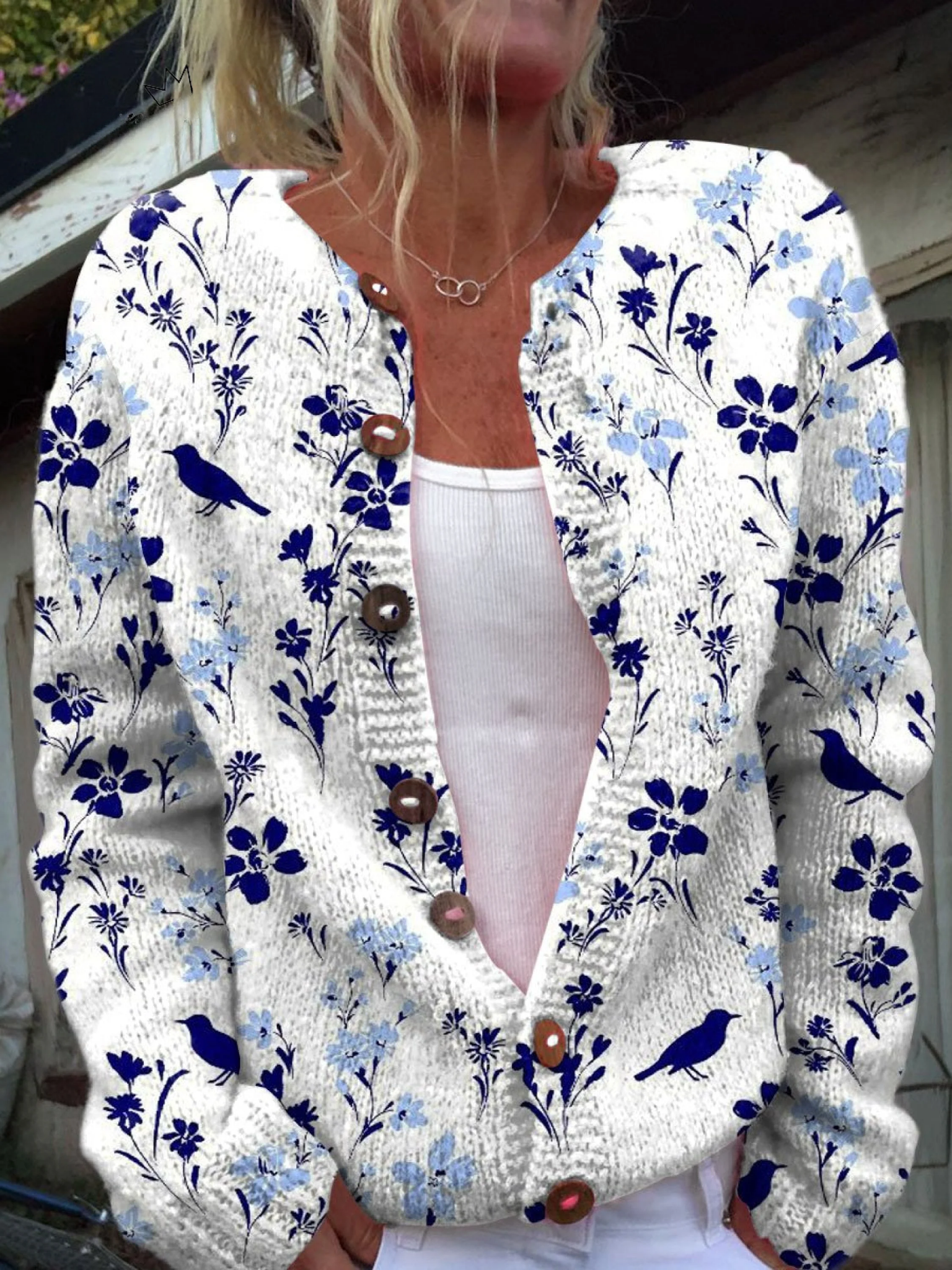 Anja dames gebreid vest met vogel- en bloemenprint