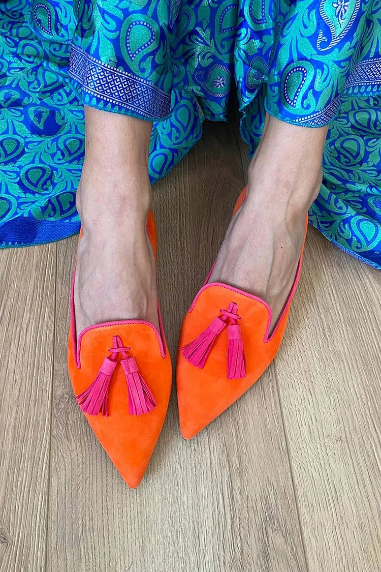 Boho dames instappers met franjes in warme kleuren, handgemaakt en comfortabel