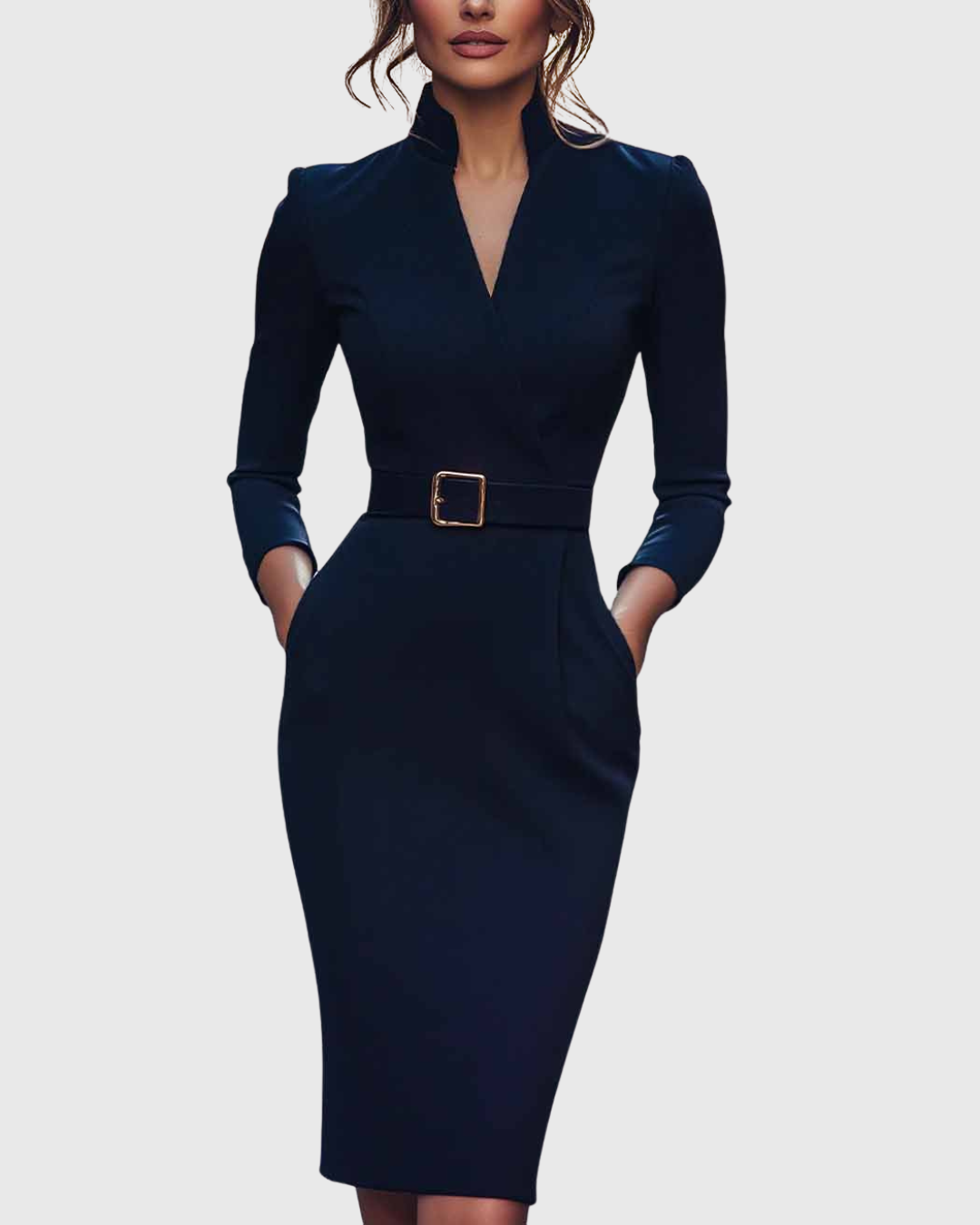 Elegante maxi jurk met verstelbare ceintuur en verfijnde mandarinekraag voor dames