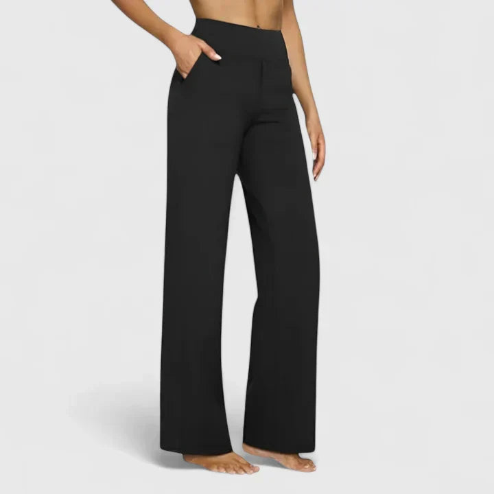 Elegante damesbroek in effen kleur met rechte pijpen, elastische tailleband en steekzakken
