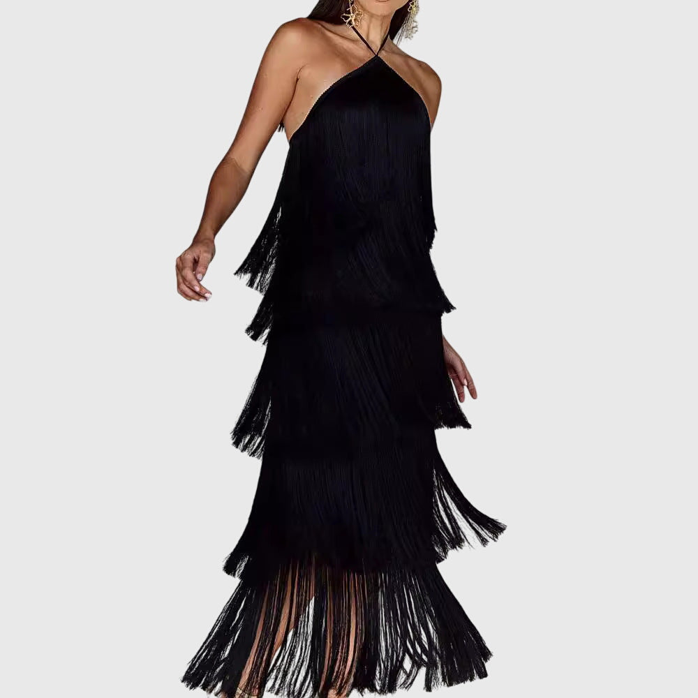 Elegante jurk met franjes, halternek en open rug voor feestelijke gelegenheden
