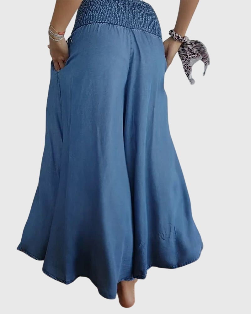 Comfortabele dames broek in denimlook met hoge elastische taille en wijde pijpen