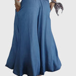 Comfortabele dames broek in denimlook met hoge elastische taille en wijde pijpen