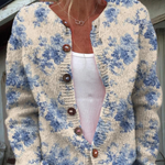 Nadine dames blauw gebreid vest met botanische print