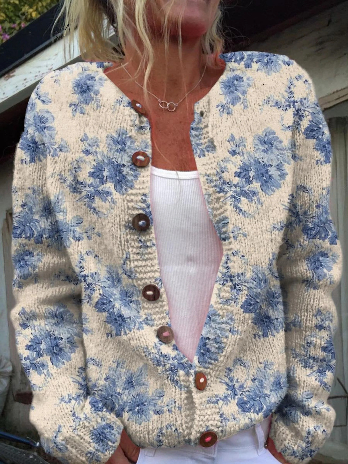 Nadine dames blauw gebreid vest met botanische print