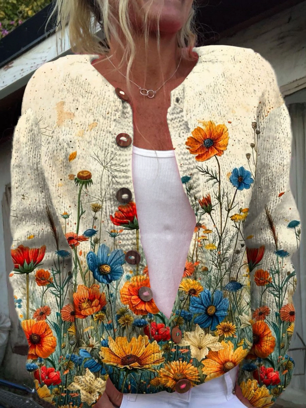 Marloes dames gebreid vest met wilde bloemenprint