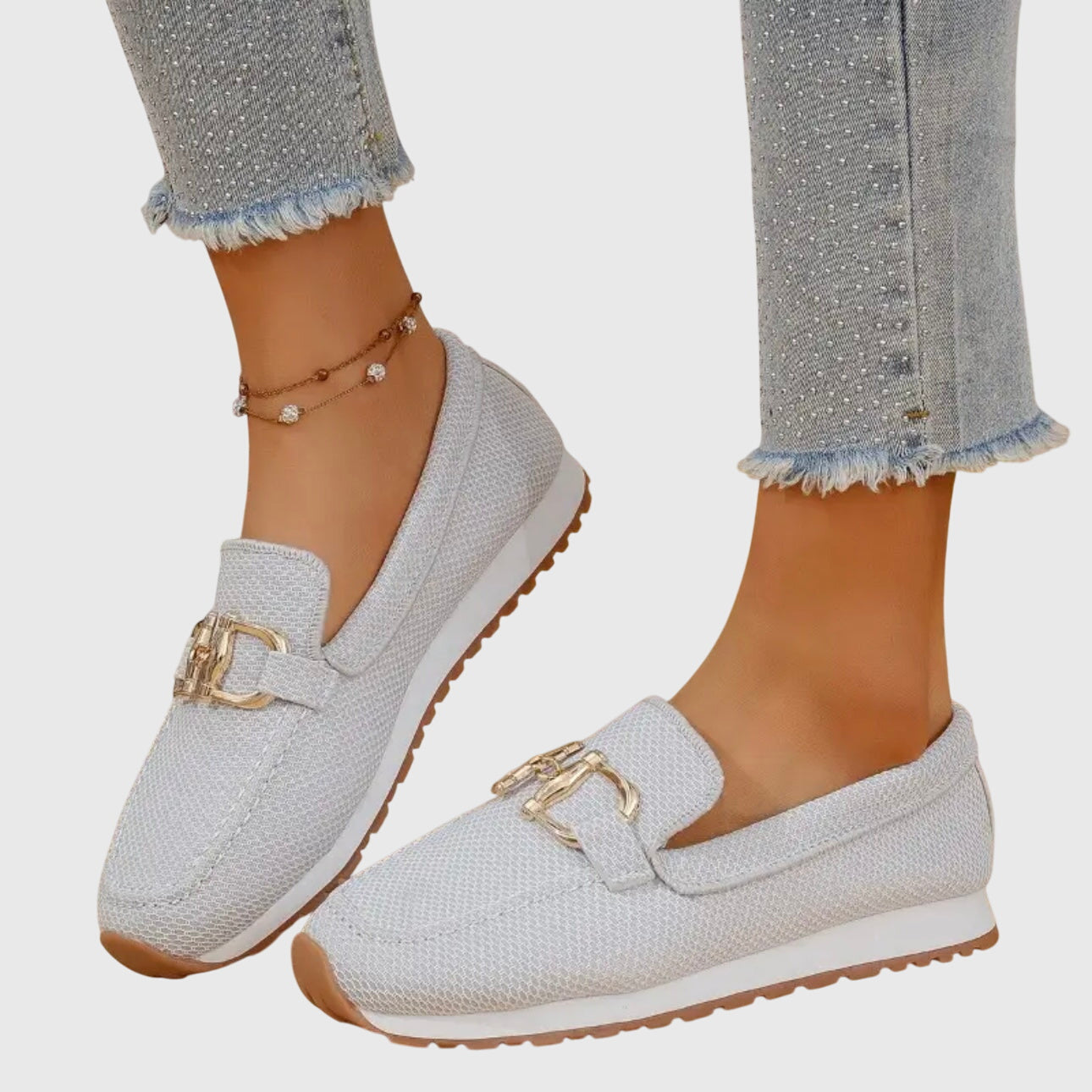 Orthopedische loafers voor dames met mesh bovenwerk, gouden bitdetail en antislipzool