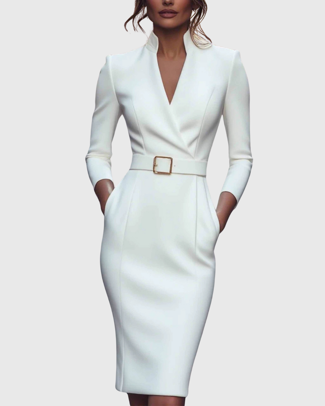 Elegante maxi jurk met verstelbare ceintuur en verfijnde mandarinekraag voor dames