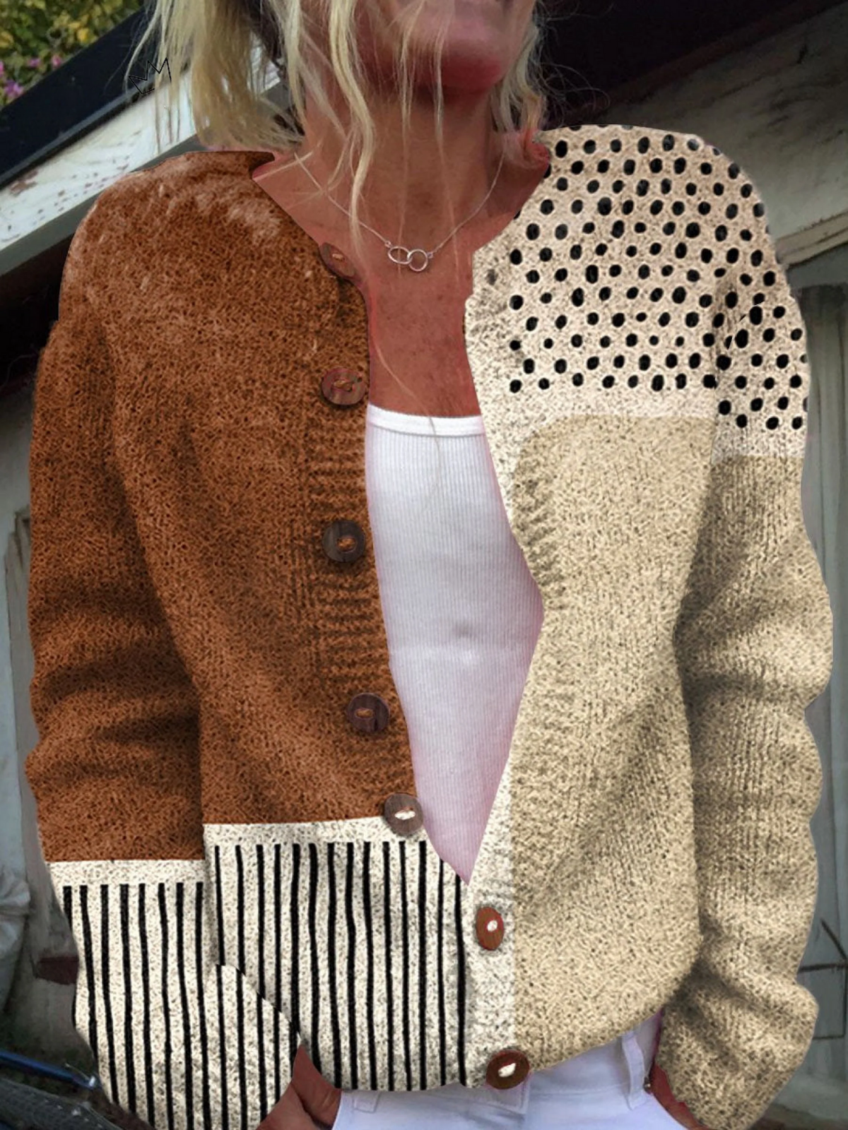 Mireille dames karamelkleurig gebreid patchworkvest