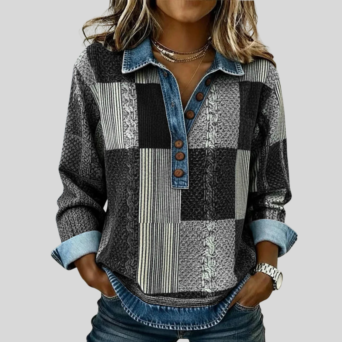 Fenne dames sweater met print en kleurvlakken