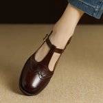 Zwarte leren Mary Jane schoenen met T-band, lage blokhak en antislip buitenzool