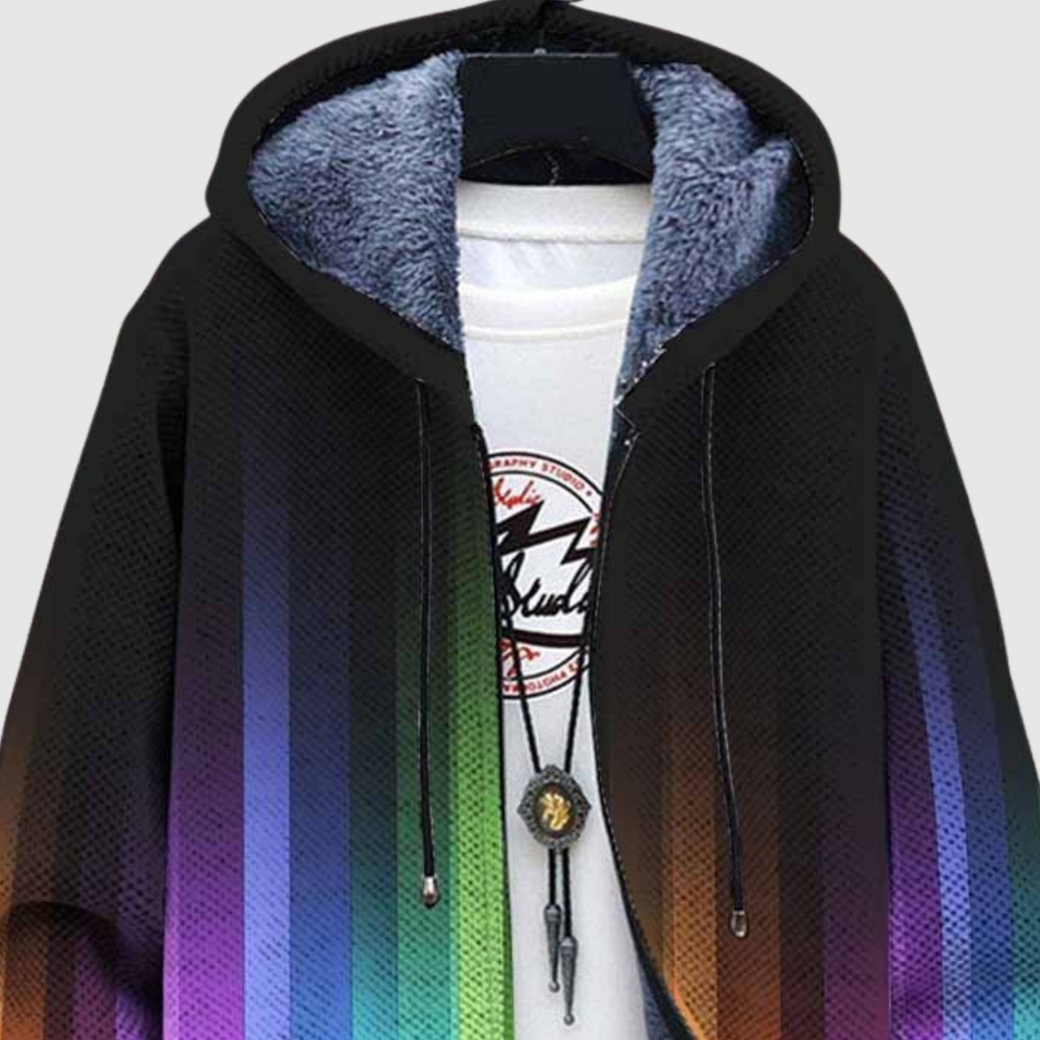 Sweater met kleurverloop in regenboogtinten die rondom in elkaar overlopen en zachte fleece