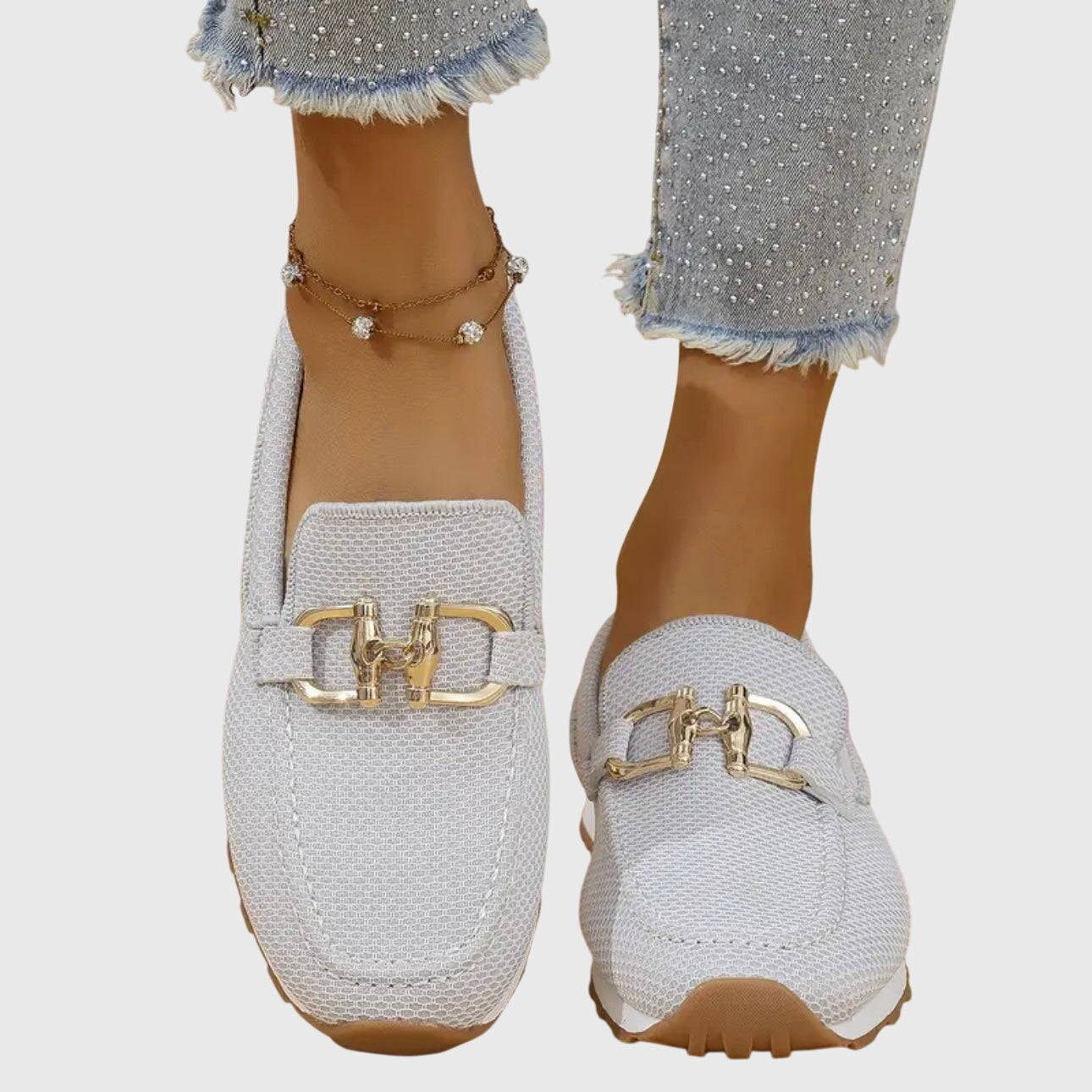 Orthopedische loafers voor dames met mesh bovenwerk, gouden bitdetail en antislipzool