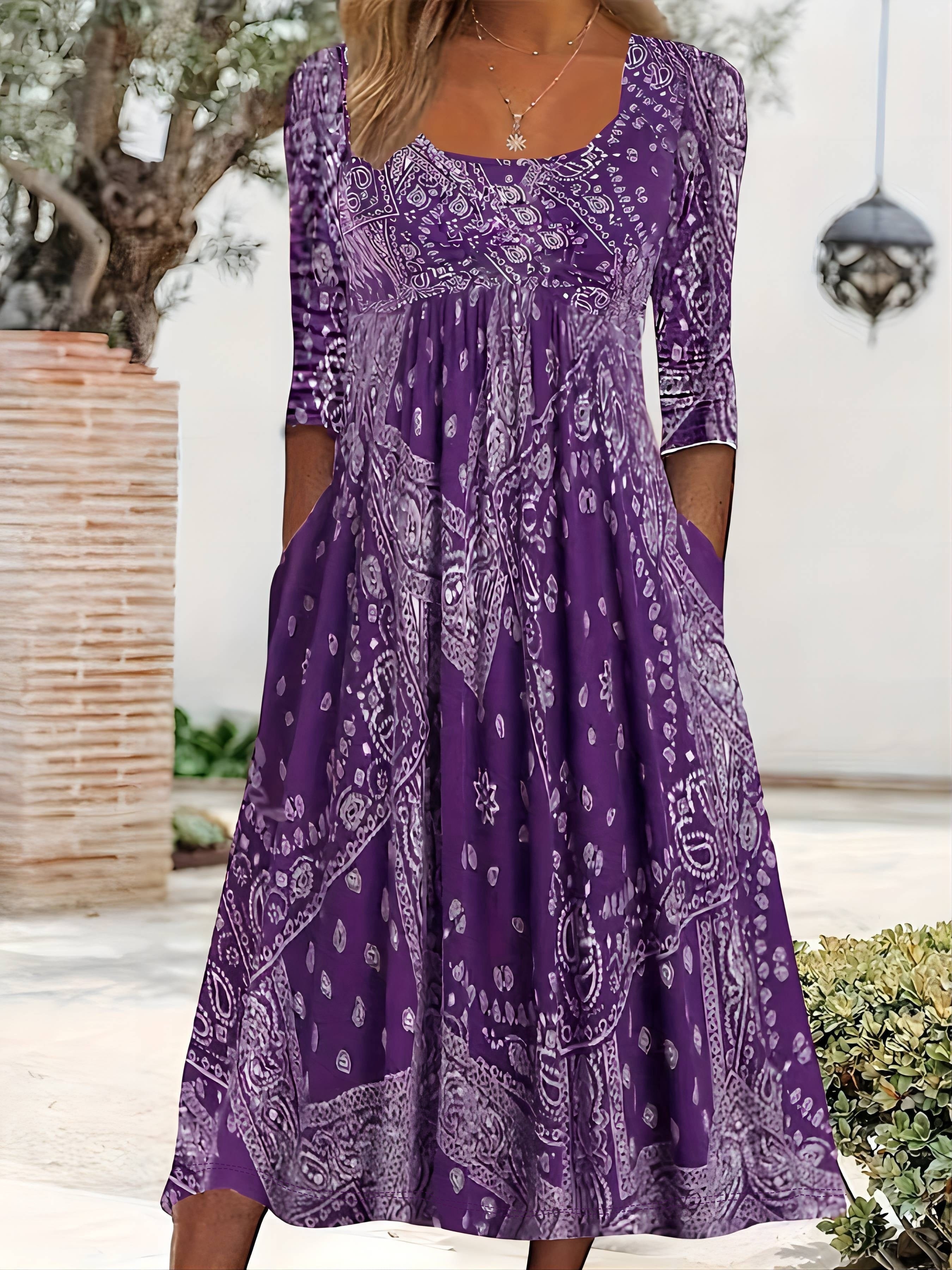 Casual midi jurk met lange mouwen, bloemenprint en soepel vallende wijde rok