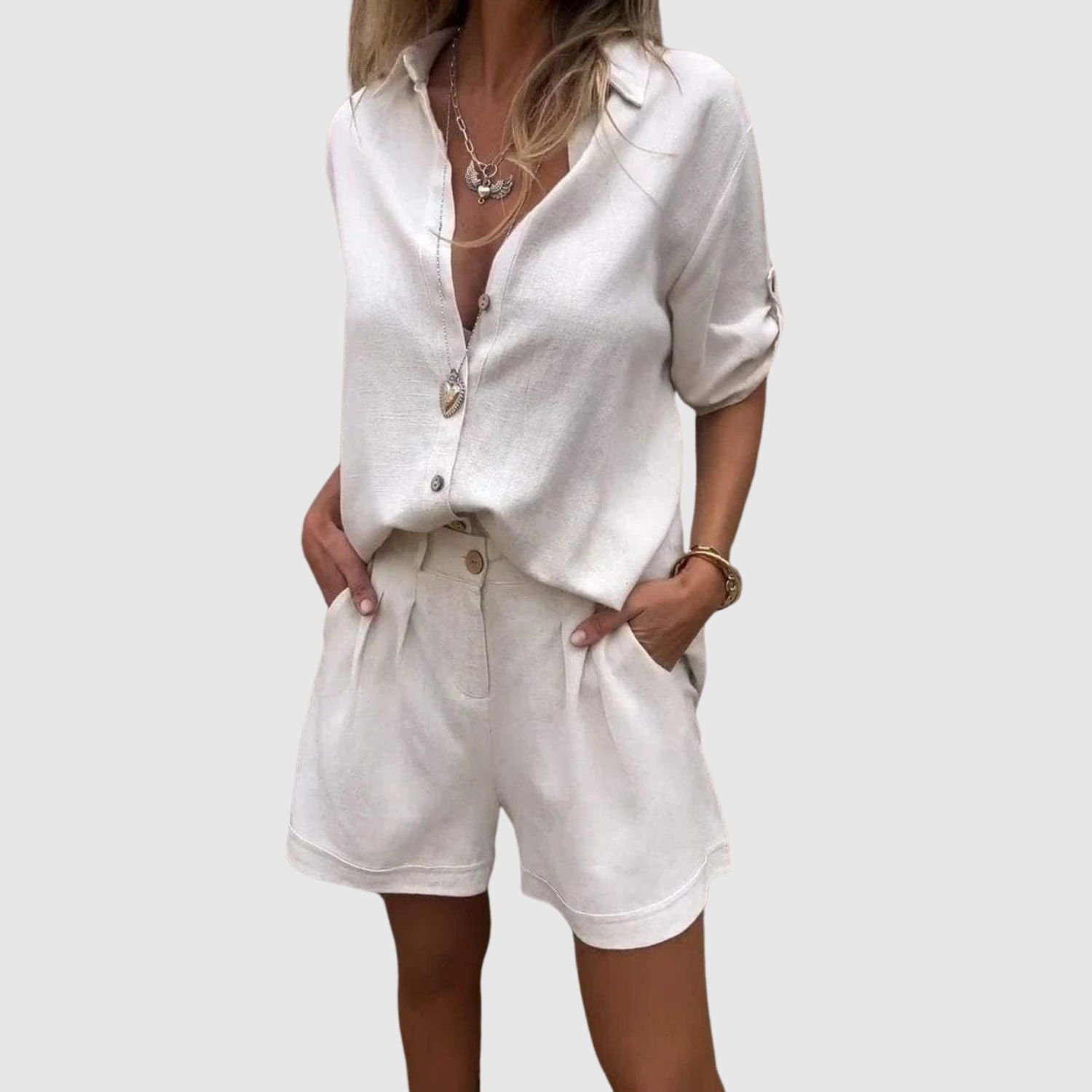 Saskia dames relaxte blouse- en shortset
