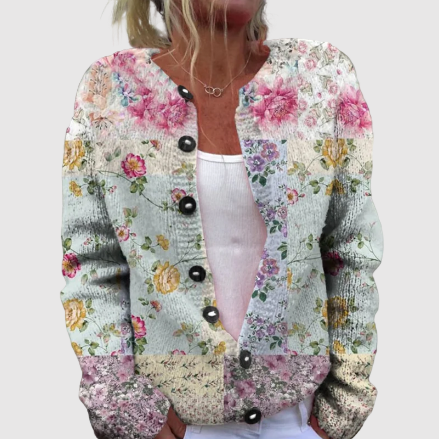 Licht dames vest met bloemenprint en klassieke knoopsluiting aan de voorkant