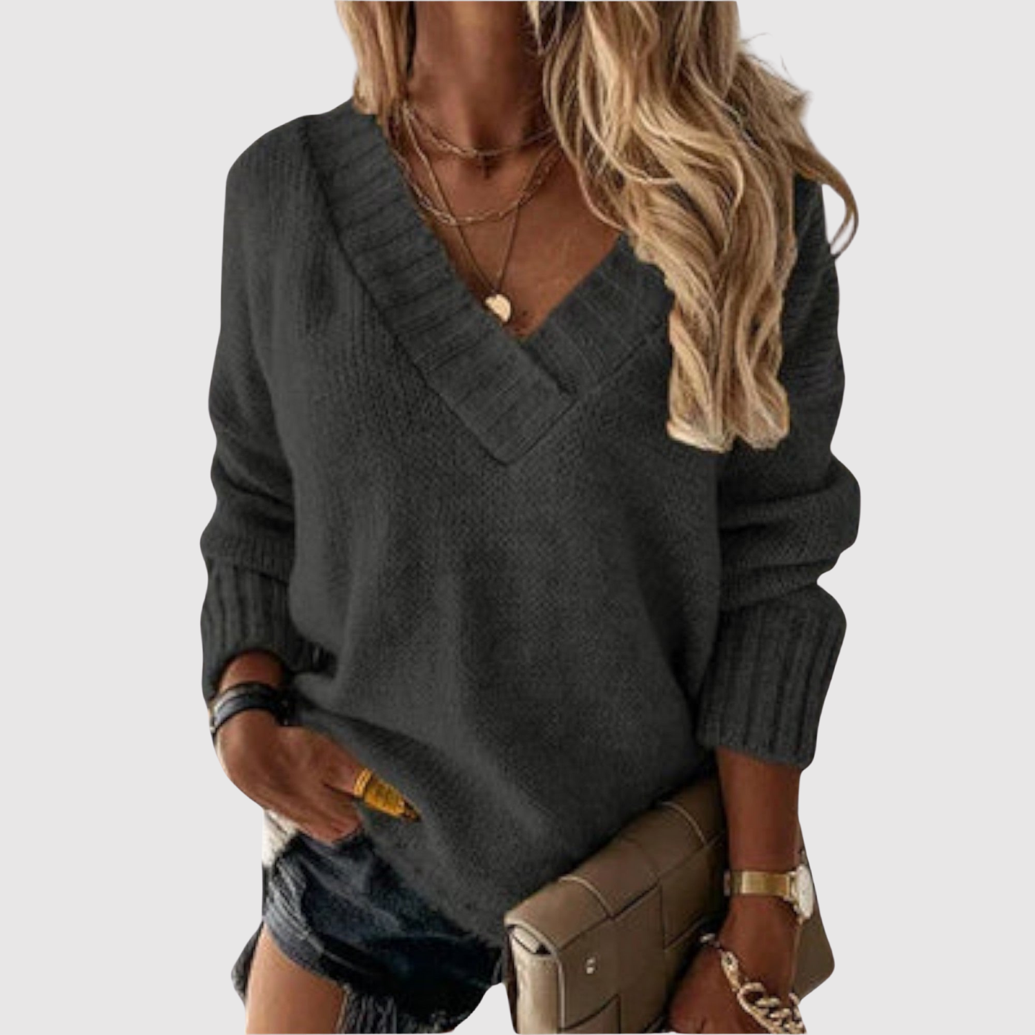 Gebreide trui met V-hals in effen breistof voor dames, mooi over een blouse