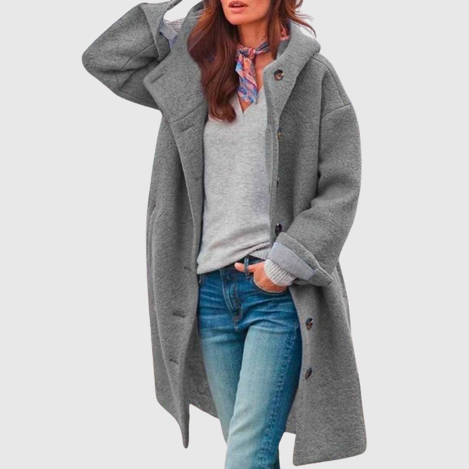 Feline dames bouclé knoopjas met capuchon