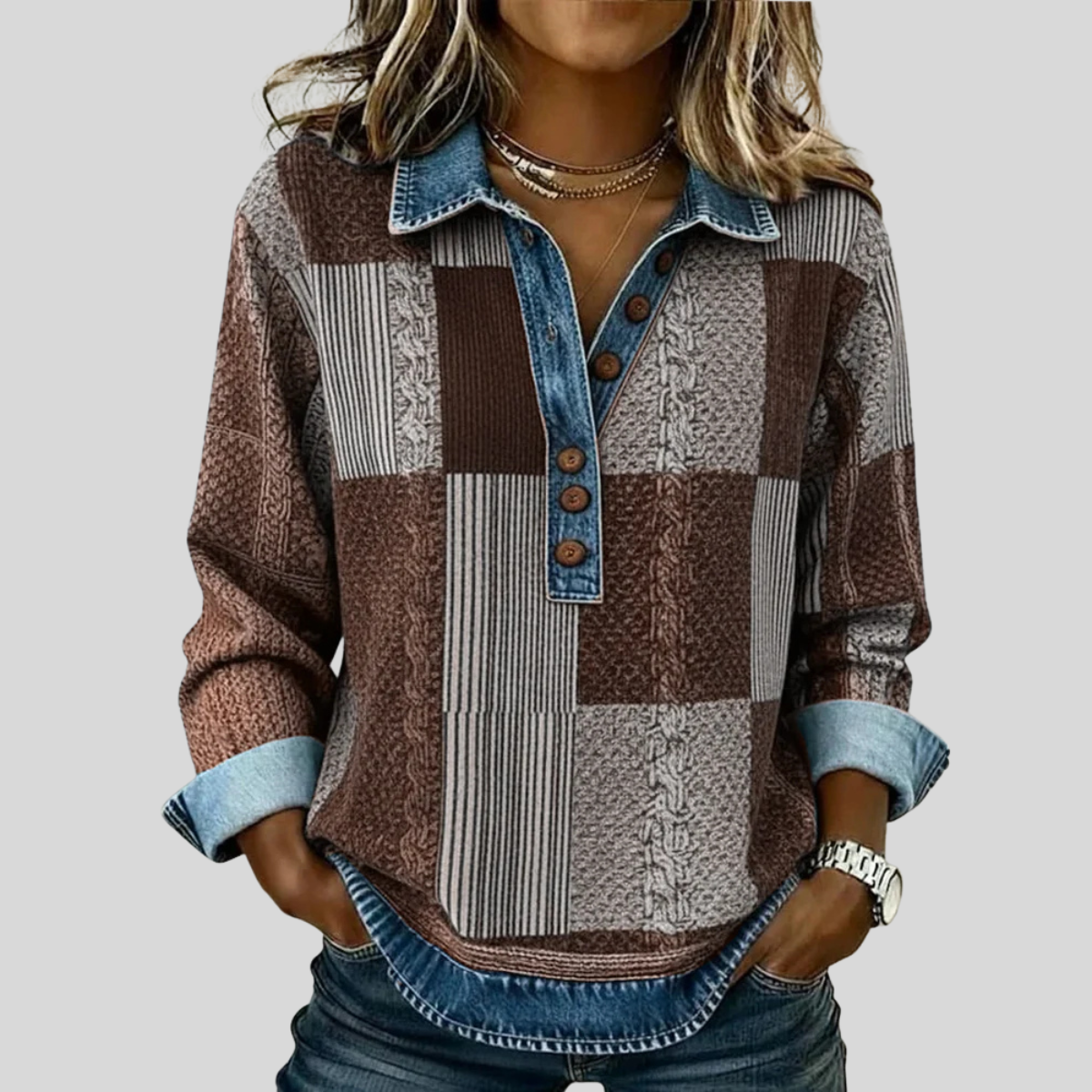 Fenne dames sweater met print en kleurvlakken