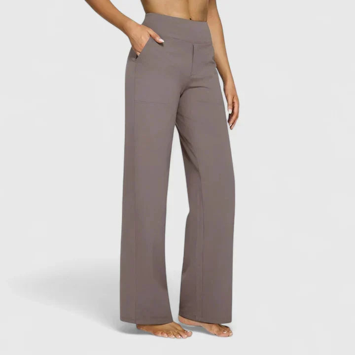 Elegante damesbroek in effen kleur met rechte pijpen, elastische tailleband en steekzakken