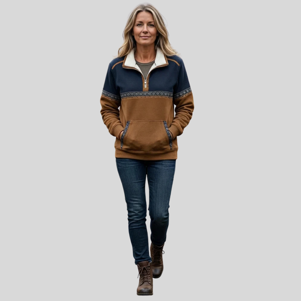 Bregje dames pullover met sherpakraag en halve rits