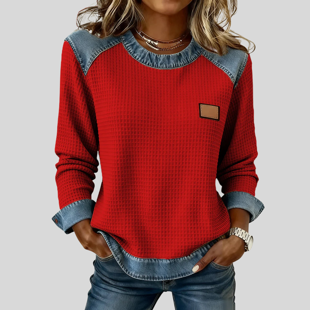 Hilde dames wafelsweater met patchwork