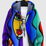 Hoodie met artistieke gezichtsprint in schilderachtige tinten en een ruime unisex pasvorm