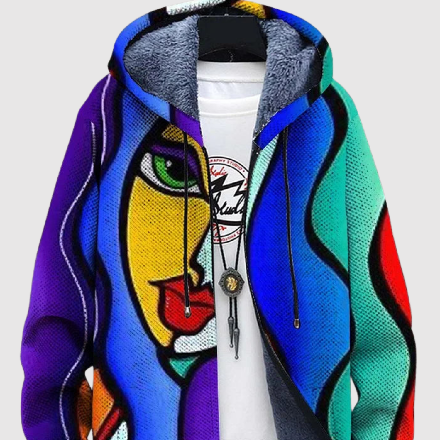 Hoodie met artistieke gezichtsprint in schilderachtige tinten en een ruime unisex pasvorm