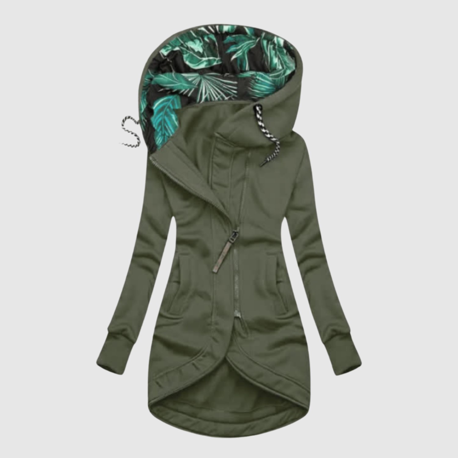 Elegante lange dames parka met capuchon en diepe steekzakken in effen kleur