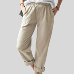Soepele broek met zachte structuur, rechte pijp en elastische taille in een rustige tint