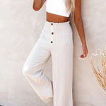 Relaxte broek met hoge taille, wijde pijpen en subtiele knopen in een neutrale tint
