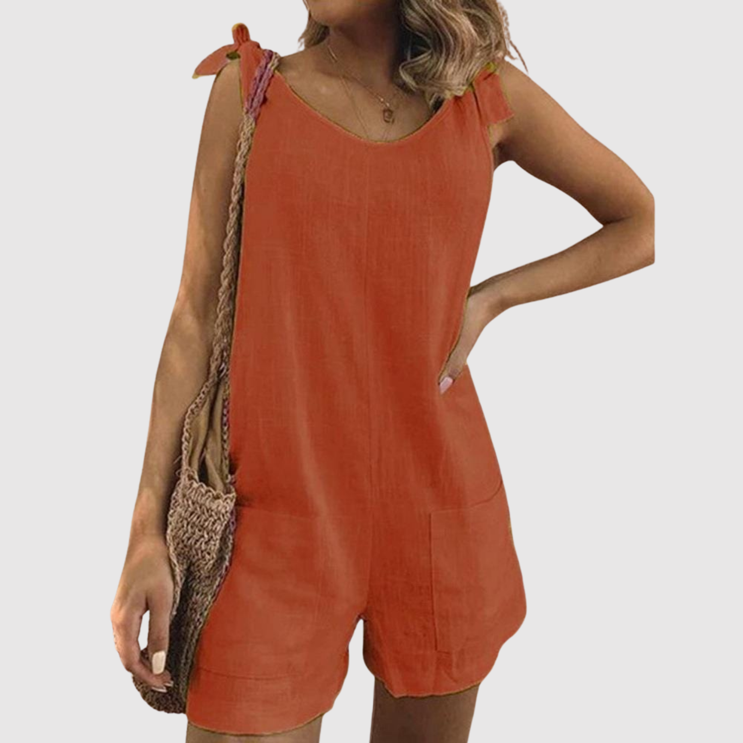 Roos dames zomerse jumpsuit met strikbandjes